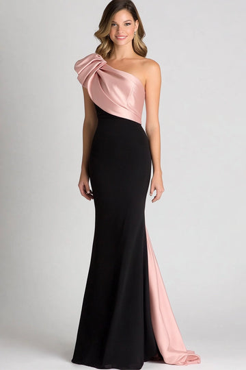 Elegant Svart & Blush Ruched En Skulder Slire Sateng Gala Kjole